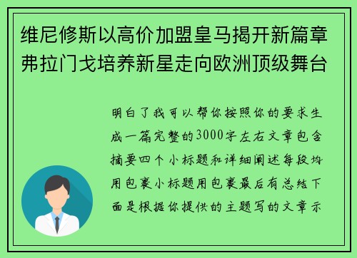 维尼修斯以高价加盟皇马揭开新篇章弗拉门戈培养新星走向欧洲顶级舞台